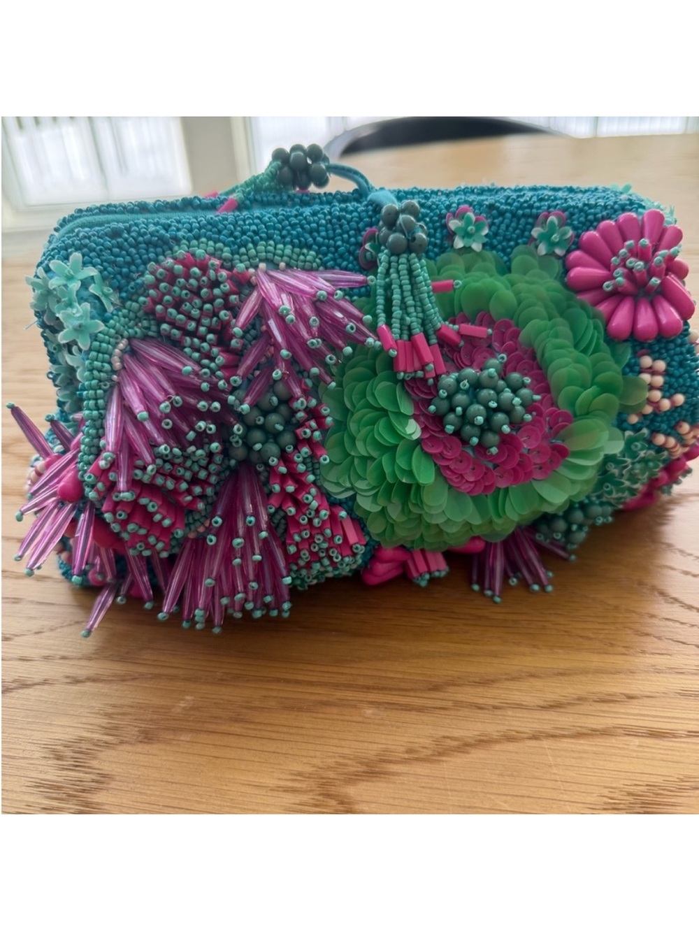 Zara Beaded Floral Clutch – Teal, Pink & Green